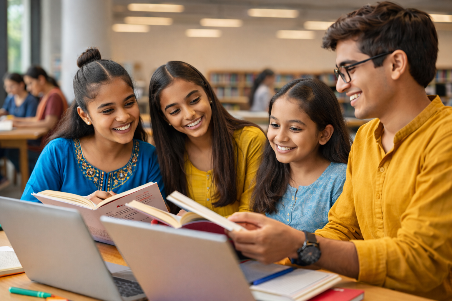 confident young students studying, discussing, and participating in group activities